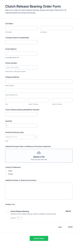 Clutch Release Bearing Order Form Template