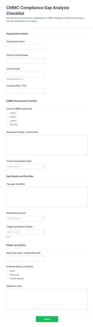 CMMC Compliance Gap Analysis Checklist Form Template