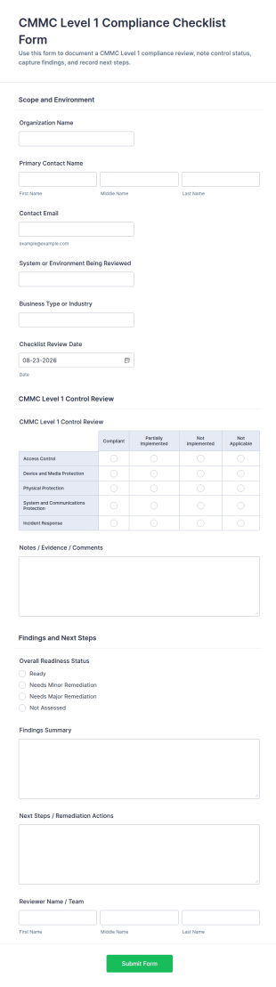 CMMC Level 1 Compliance Checklist Form Template