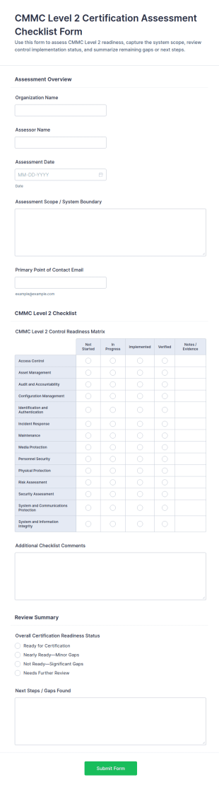 CMMC Level 2 Certification Assessment Checklist Form Template