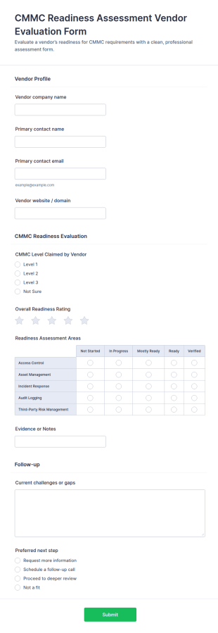 CMMC Readiness Assessment Vendor Evaluation Questionnaire Form Template