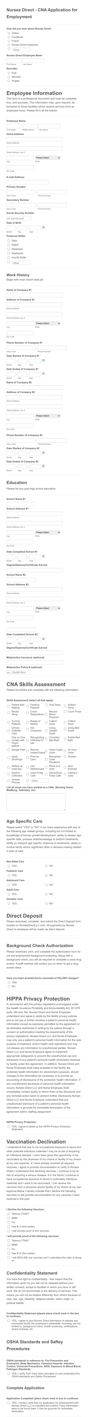 CNA Application For Employment Form Template