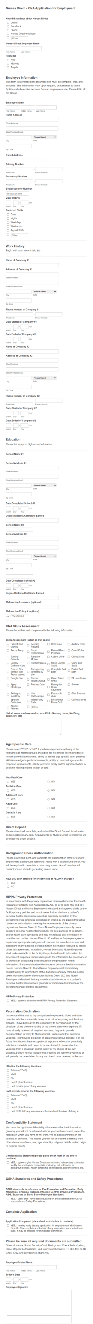 CNA Application For Employment Form Template