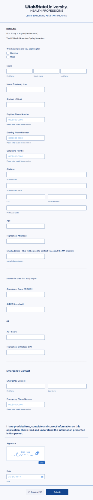CNA Health Professions Moab And Blanding Form Template