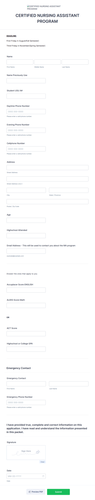 CNA Health Professions Form Template