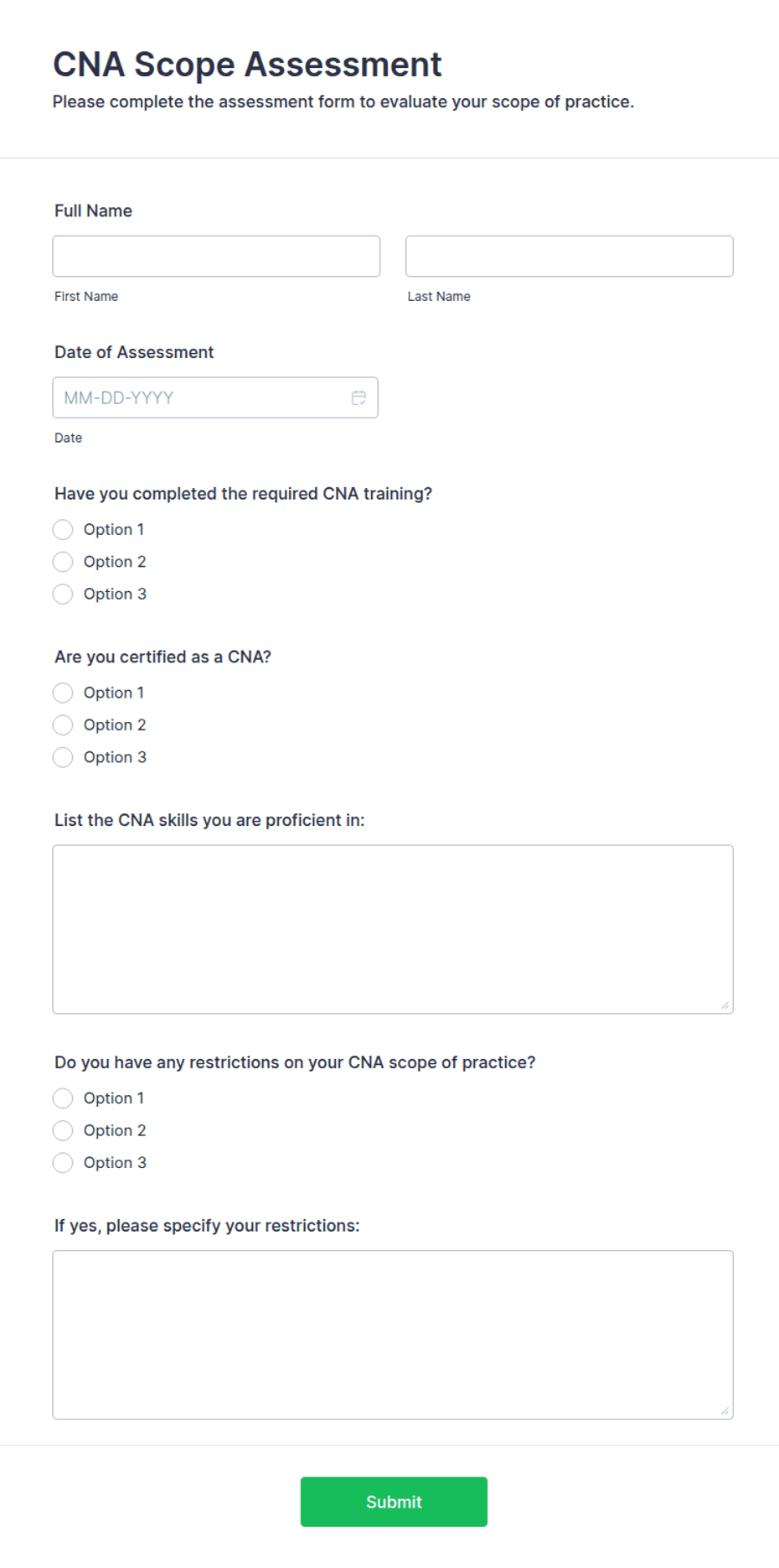 Scope Tracking Form CNA Scope Assessment Form Template | Jotform