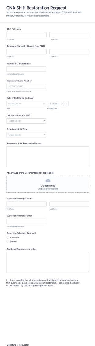 CNA Shift Restoration Request Form Template