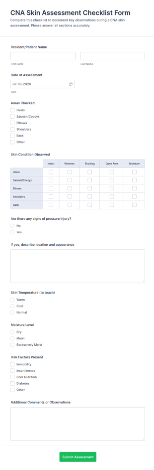 CNA Skin Assessment Checklist Form Template