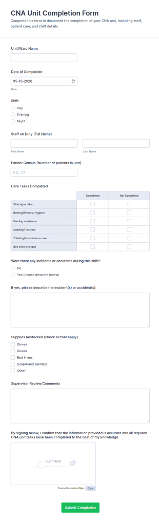 CNA Unit Completion Form Template
