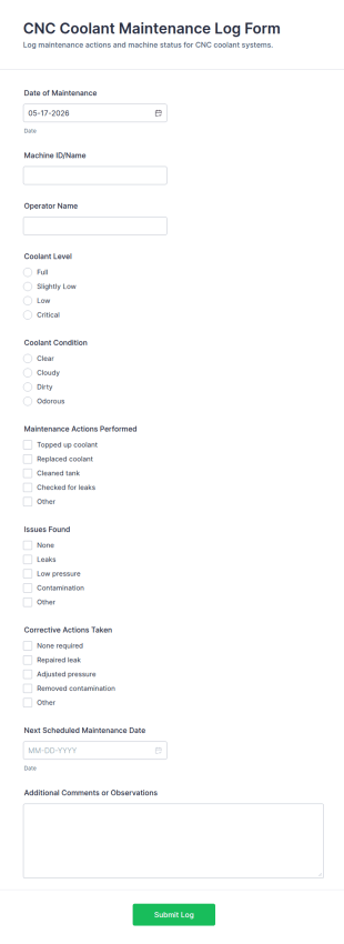 CNC Coolant Maintenance Log Form Template