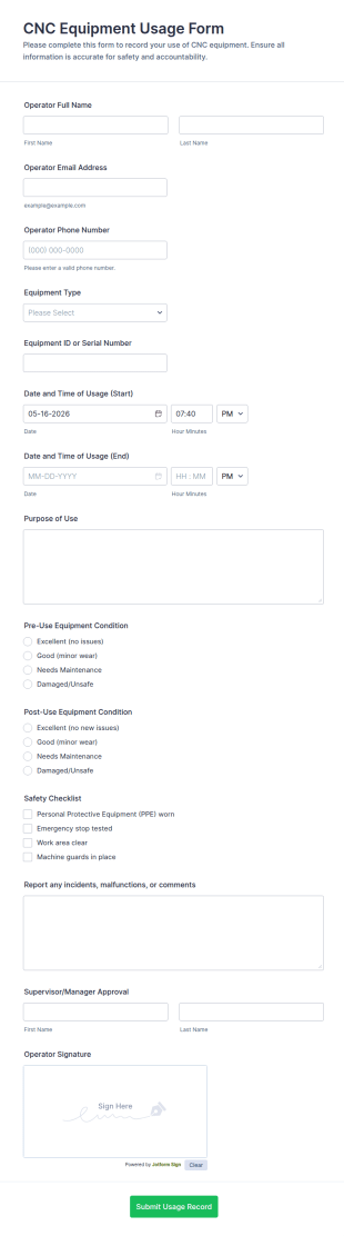 CNC Equipment Usage Form Template