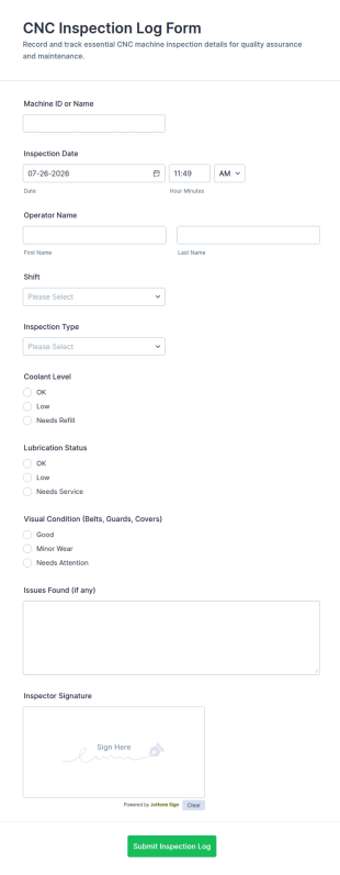 CNC Inspection Log Form Template