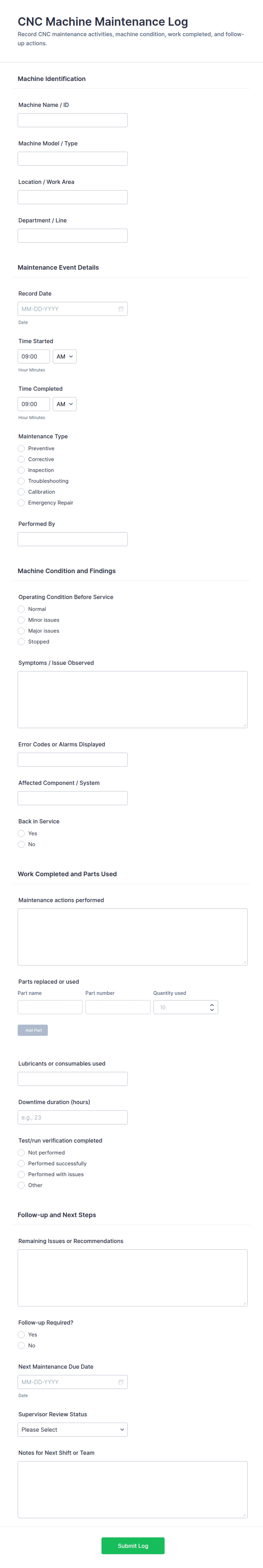 CNC Machine Maintenance Log Form Template | Jotform