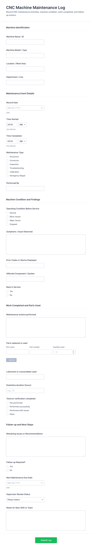 CNC Machine Maintenance Log Form Template