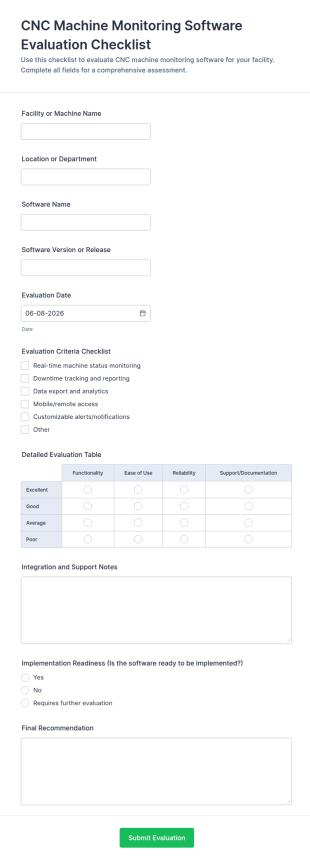 CNC Machine Monitoring Software Evaluation Checklist Form Template