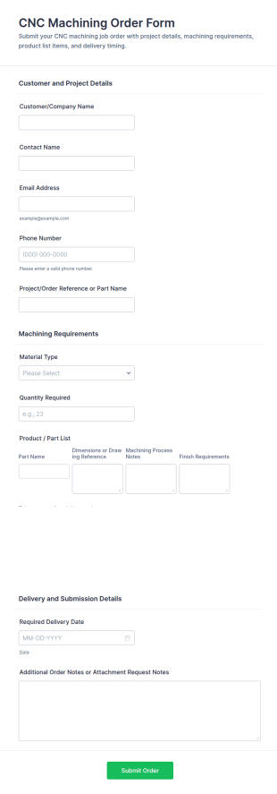 CNC Machining Order Form Template