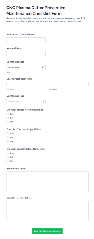 CNC Plasma Cutter Preventive Maintenance Checklist Form Template