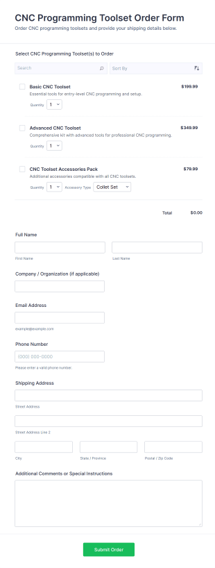 CNC Programming Toolset Order Form Template