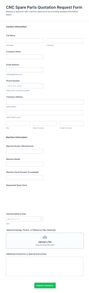 CNC Spare Parts Quotation Request Form Template