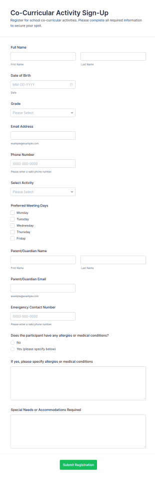 Co Curricular Activity Sign Up Form Template
