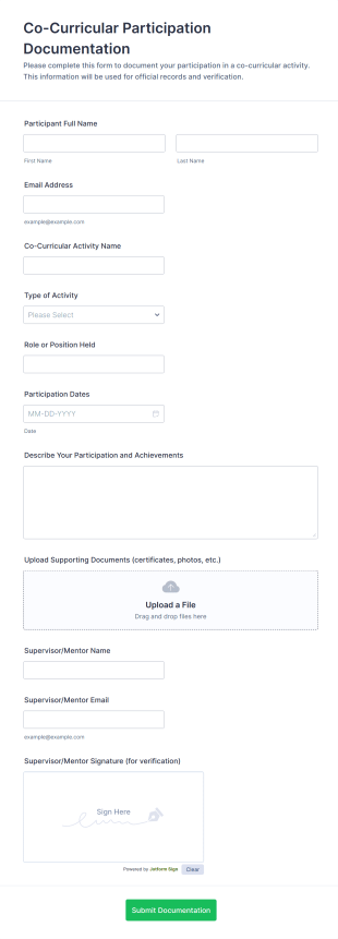 Co Curricular Participation Documentation Form Template