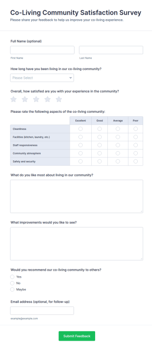 Co Living Community Satisfaction Survey Form Template
