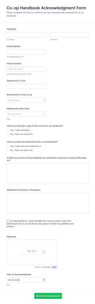 Co Op Handbook Acknowledgment Form Template