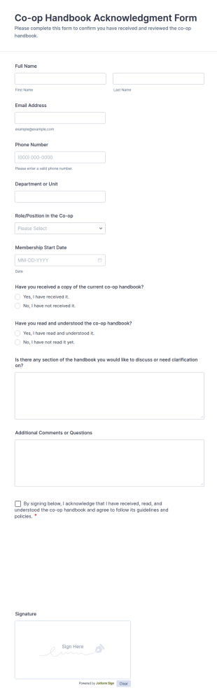 Co Op Handbook Acknowledgment Form Template