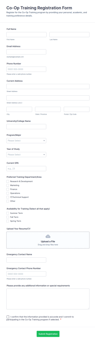 Co Op Training Registration Form Template