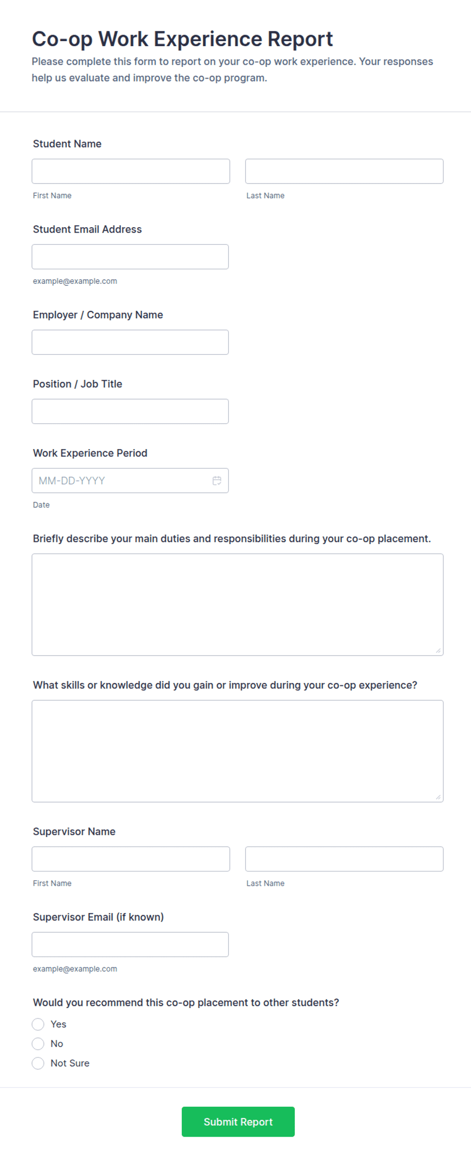 Co-op Work Experience Report Form Template | Jotform