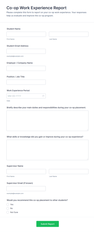 Co Op Work Experience Report Form Template