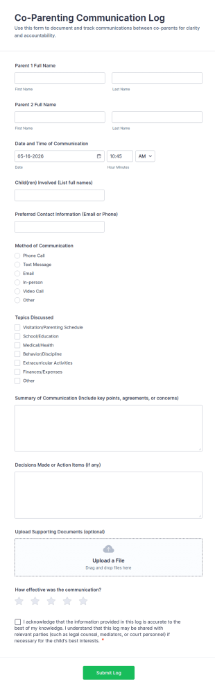Co Parenting Communication Log Form Template