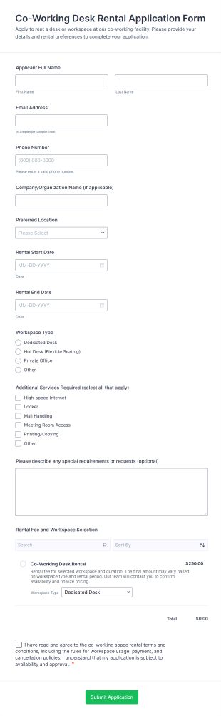 Co Working Desk Rental Application Form Template