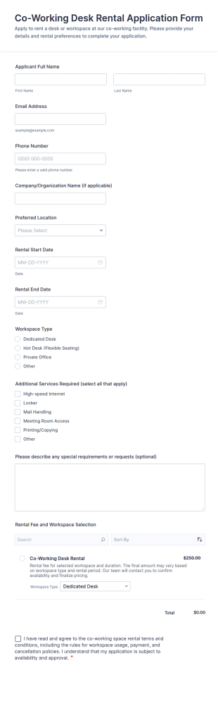 Co Working Desk Rental Application Form Template