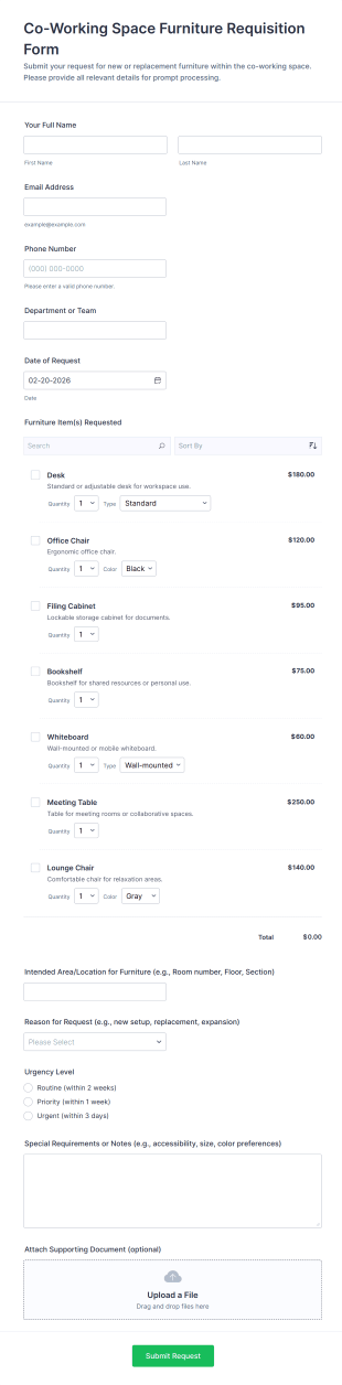 Co Working Space Furniture Requisition Form Template