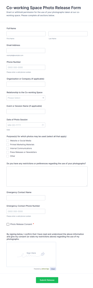Co Working Space Photo Release Form Template