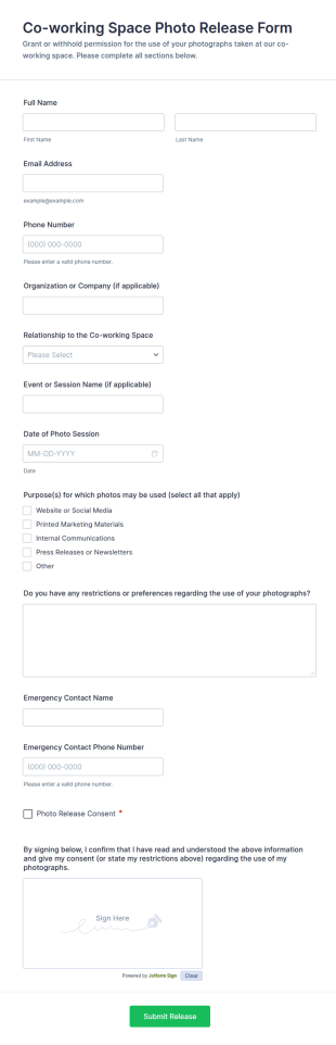 Co Working Space Photo Release Form Template