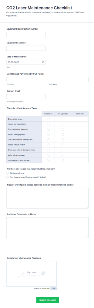CO2 Laser Maintenance Checklist Form Template