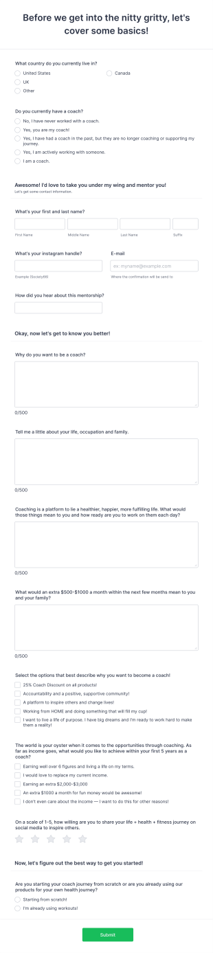 Coach Application Form Template