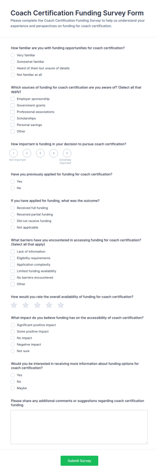Coach Certification Funding Survey Form Template