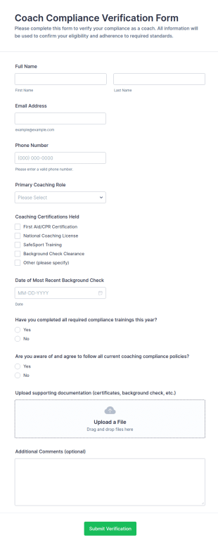 Coach Compliance Verification Form Template