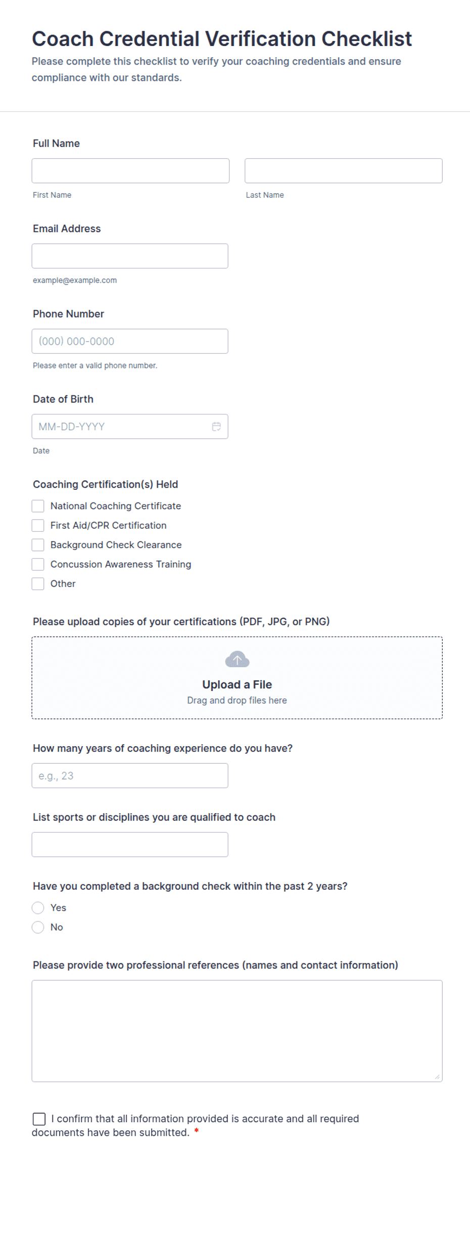 Coach Credential Verification Checklist Form Template | Jotform