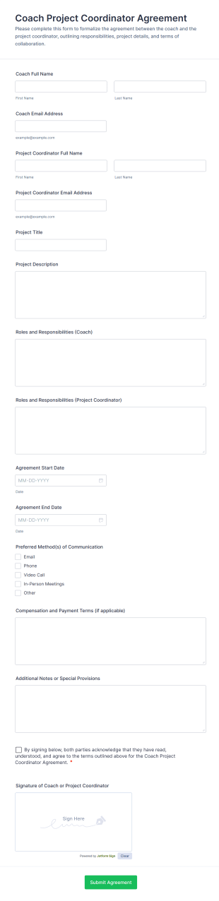 Coach Project Coordinator Agreement Form Template