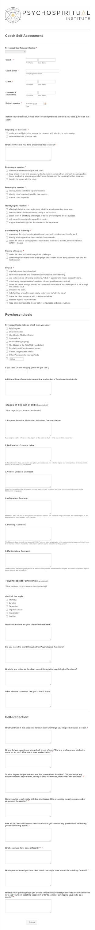 Coach Self Assessment Psychosynthesis Form Template