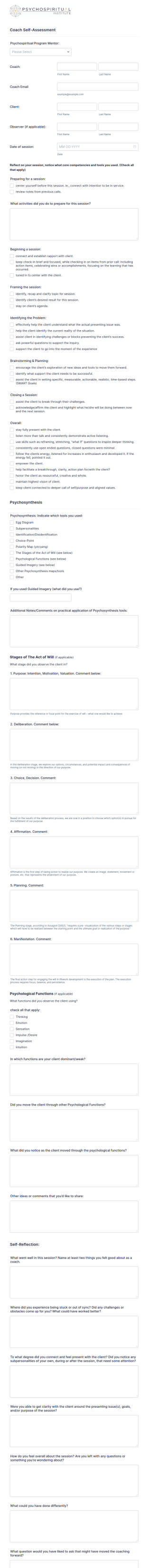 Psychosynthesis Coach Self Assessment Form Template