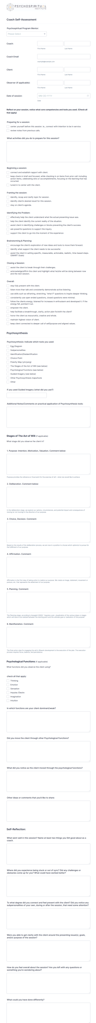 Psychosynthesis Coach Self Assessment Form Template