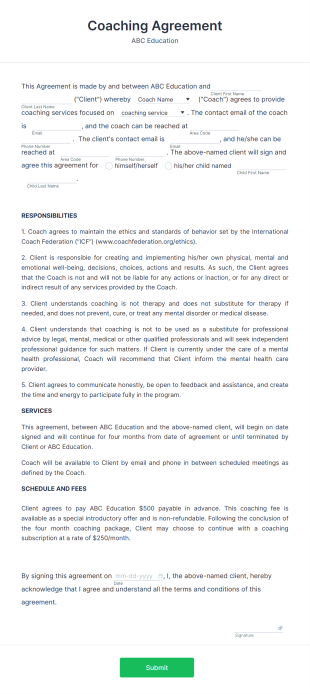 Coaching Agreement Form Template