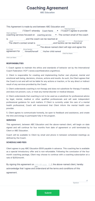 Coaching Agreement Form Template