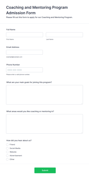 Coaching And Mentoring Program Admission Form Template