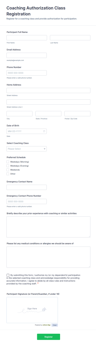 Coaching Authorization Class Registration Form Template